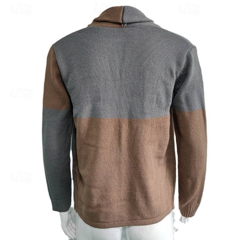 Men's Colour-Block Shawl-Collar Knit Cardigan | Classic Contrast Cosy Casual Everyday Cardigan | Smart Casual Everyday Autumn Winter Knitwear