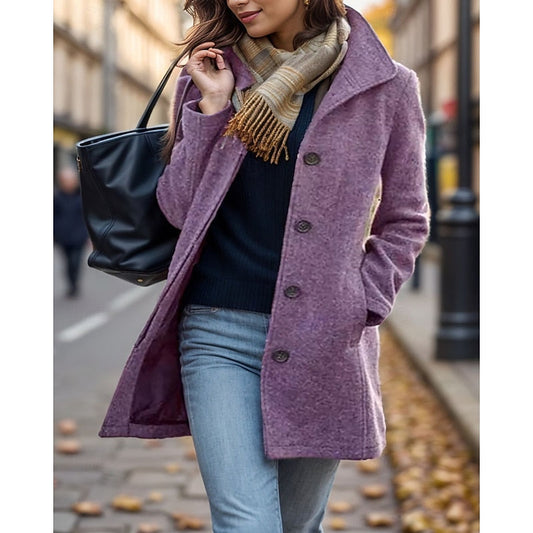 Women's Single-Breasted Wool-Feel Button Coat | Purple Casual Smart Classic Winter Coat | Smart Casual Everyday Autumn Winter Outerwear