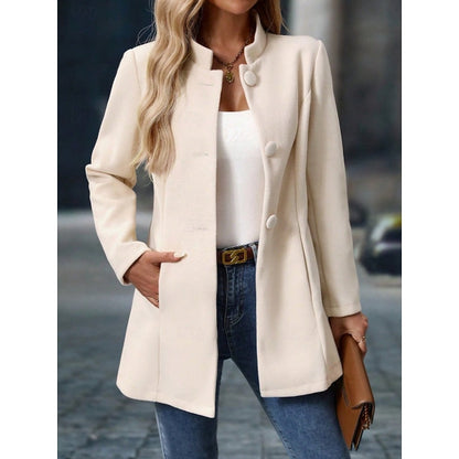 Women's Elegant Stand-Collar Button Coat | Ivory Fitted Wool-Feel Classic Smart Winter Coat | Smart Casual Office Formal Autumn Winter Outerwear