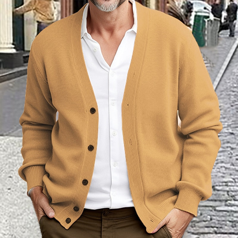 Men's V-Neck Button-Down Knit Cardigan | Classic Red Soft Everyday Casual Cardigan Sweater | Smart Casual Everyday Autumn Winter Knitwear
