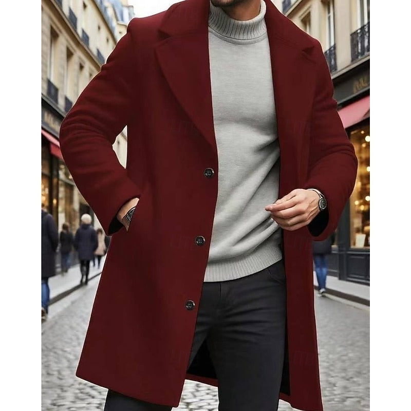 Men's Single-Breasted Notch Lapel Longline Overcoat | Charcoal Classic Tailored Smart Winter Coat | Smart Formal Office Autumn Winter Outerwear