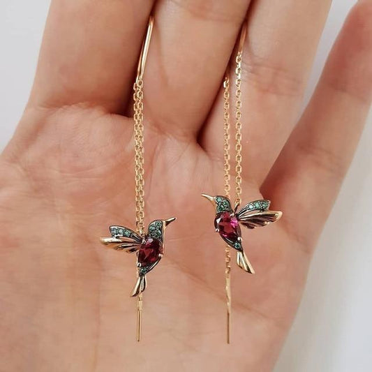 Women's Hummingbird Crystal Threader Earrings | Long Gold Ruby Emerald Bird Drop Earrings | Elegant Going Out Jewellery Accessory
