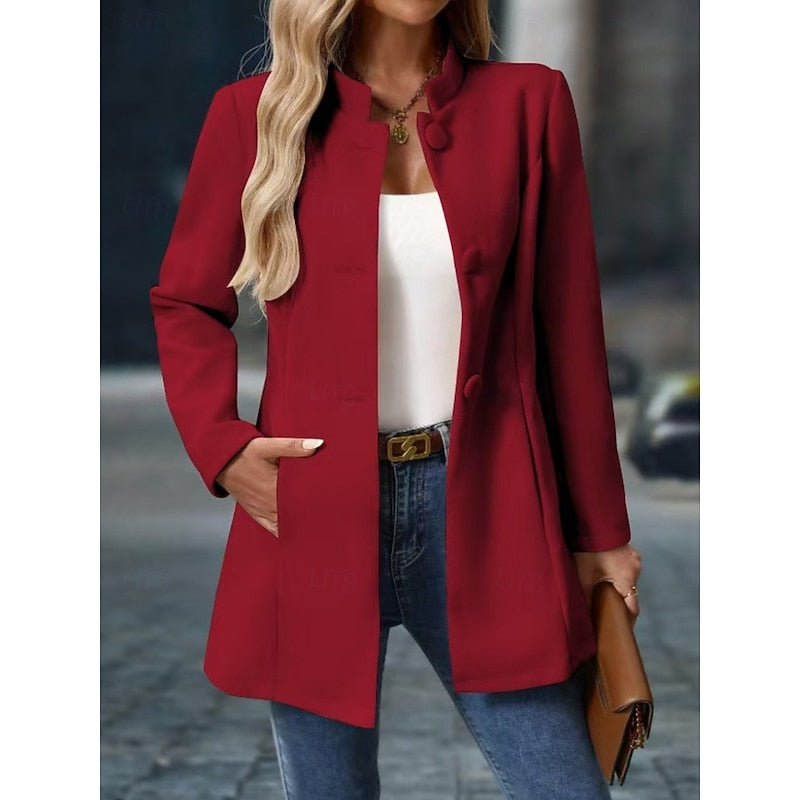 Women's Elegant Stand-Collar Button Coat | Ivory Fitted Wool-Feel Classic Smart Winter Coat | Smart Casual Office Formal Autumn Winter Outerwear
