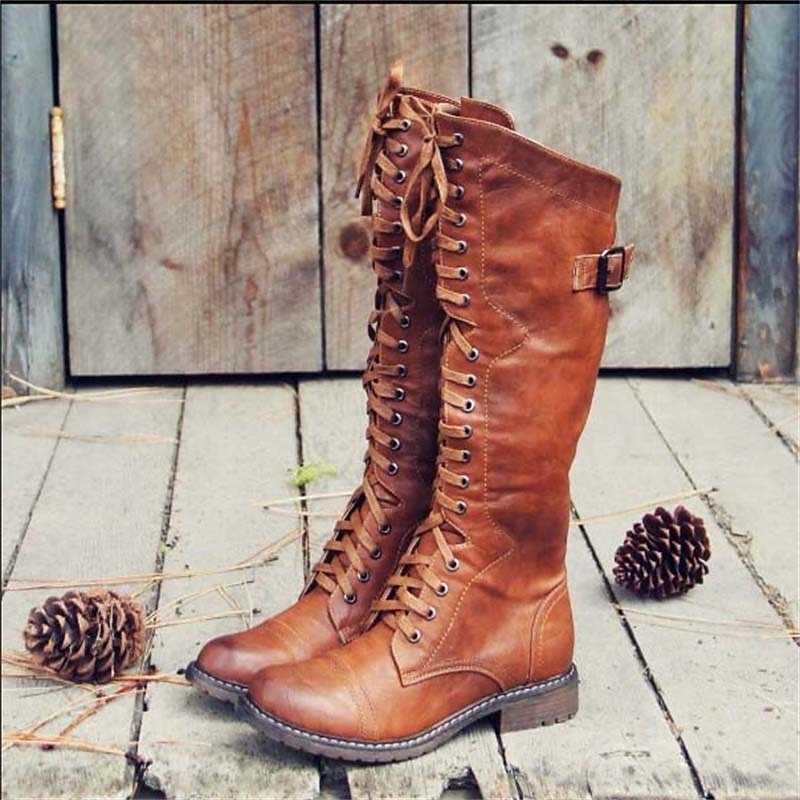 Women's Tall Lace-Up Knee-High Riding Boots | Tan Leather-Look Classic Casual Everyday Boots | Smart Casual Everyday Autumn Winter Boots
