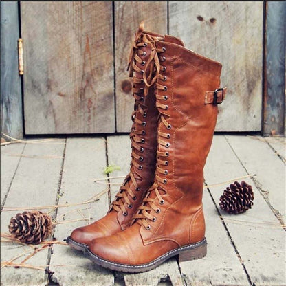 Women's Tall Lace-Up Knee-High Riding Boots | Tan Leather-Look Classic Casual Everyday Boots | Smart Casual Everyday Autumn Winter Boots