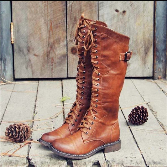 Women's Tall Lace-Up Knee-High Riding Boots | Tan Leather-Look Classic Casual Everyday Boots | Smart Casual Everyday Autumn Winter Boots