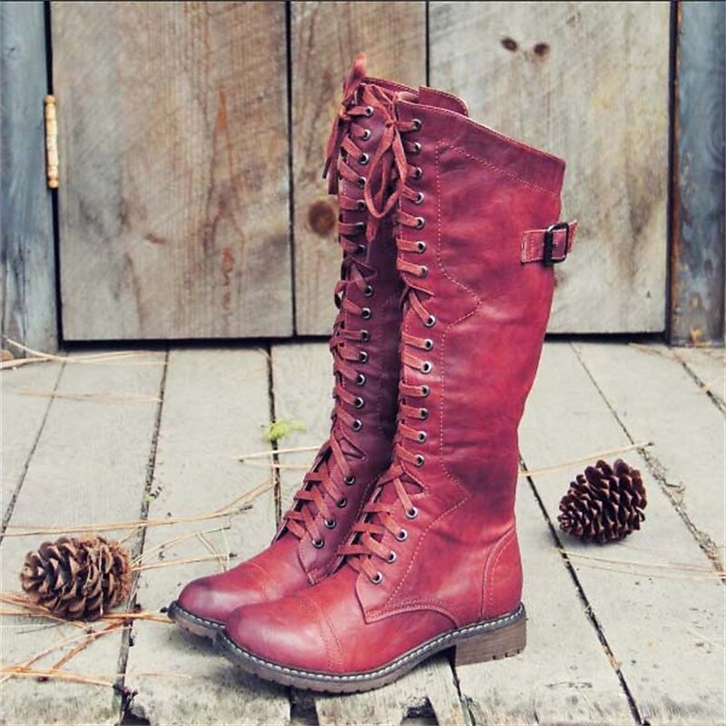 Women's Tall Lace-Up Knee-High Riding Boots | Tan Leather-Look Classic Casual Everyday Boots | Smart Casual Everyday Autumn Winter Boots