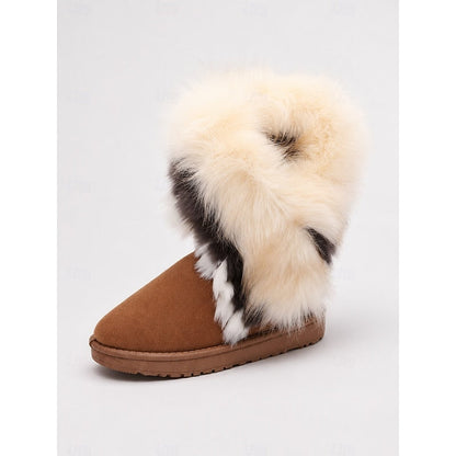 Women's Fur-Trim Suede Mid-Calf Winter Boots | Fluffy Warm Flat Casual Snow Boots | Casual Everyday Autumn Winter Boots