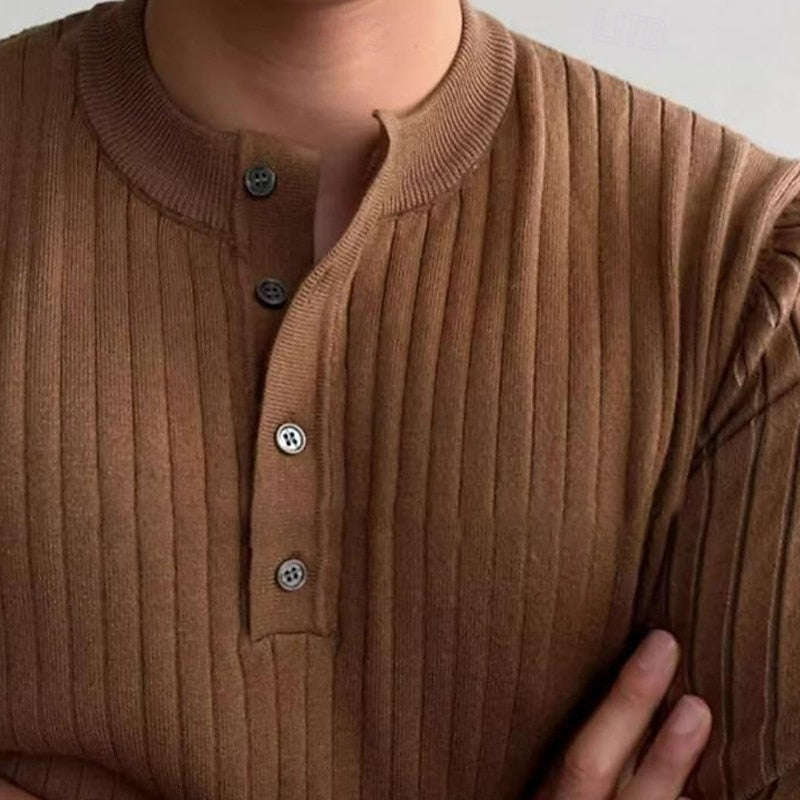 Men's Ribbed Henley Knit Sweater | Casual Everyday Cosy Comfortable Pullover | Smart Casual Everyday Autumn Winter Knitwear