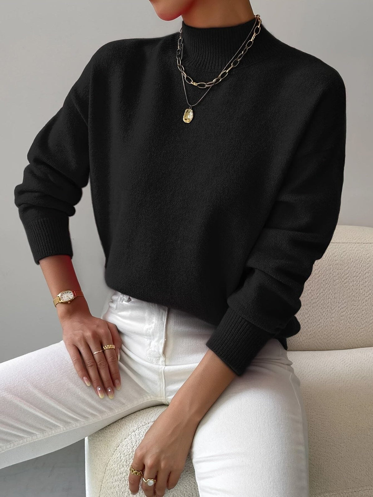 Weicher Strickpullover mit kurzem Stehkragen für Damen | Klassischer kuscheliger mintgrüner Pullover für jeden Tag im Casual-Stil | Elegant-lässige Strickmode für Herbst und Winter