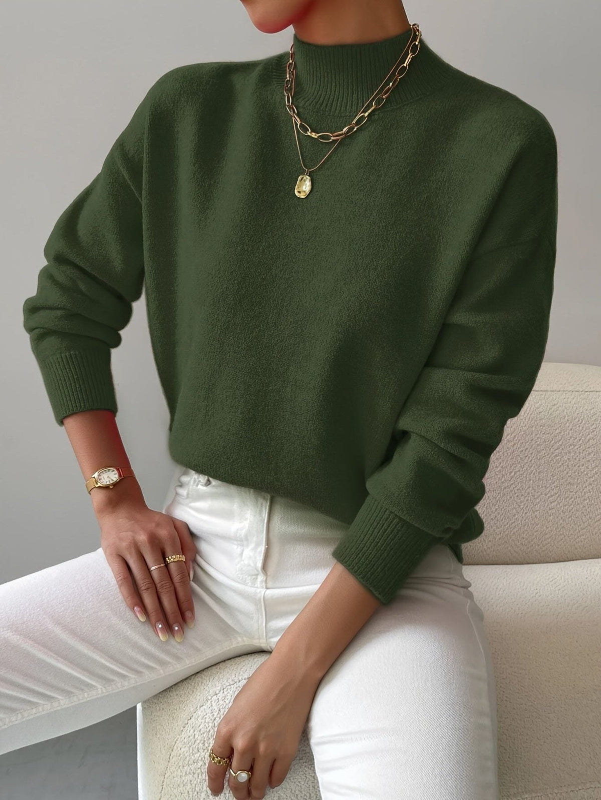 Weicher Strickpullover mit kurzem Stehkragen für Damen | Klassischer kuscheliger mintgrüner Pullover für jeden Tag im Casual-Stil | Elegant-lässige Strickmode für Herbst und Winter