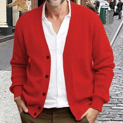 Men's V-Neck Button-Down Knit Cardigan | Classic Red Soft Everyday Casual Cardigan Sweater | Smart Casual Everyday Autumn Winter Knitwear