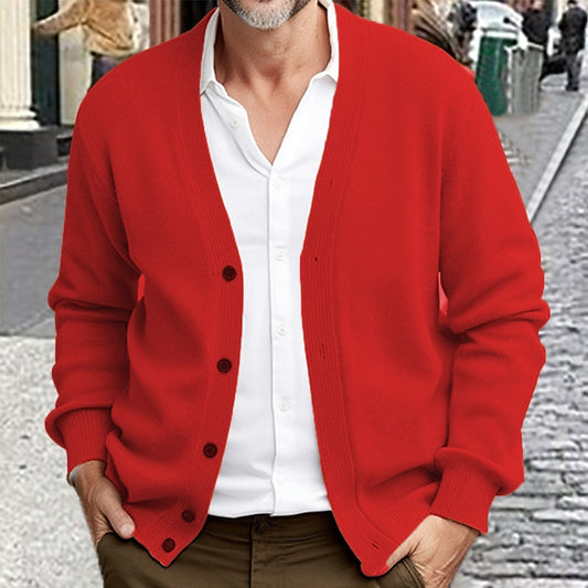 Men's V-Neck Button-Down Knit Cardigan | Classic Red Soft Everyday Casual Cardigan Sweater | Smart Casual Everyday Autumn Winter Knitwear