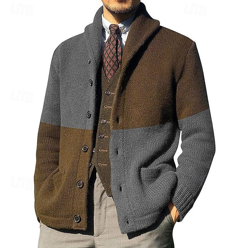 Men's Colour-Block Shawl-Collar Knit Cardigan | Classic Contrast Cosy Casual Everyday Cardigan | Smart Casual Everyday Autumn Winter Knitwear
