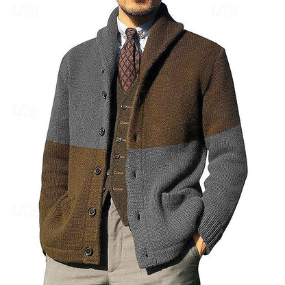Men's Colour-Block Shawl-Collar Knit Cardigan | Classic Contrast Cosy Casual Everyday Cardigan | Smart Casual Everyday Autumn Winter Knitwear