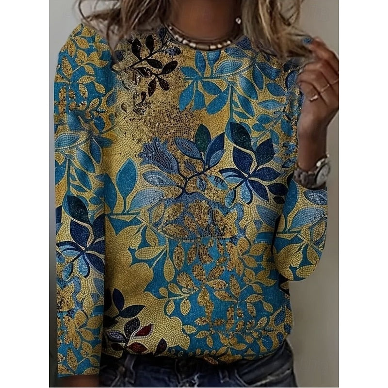 Women's Botanical Print Long-Sleeve Top | Floral Nature Print Casual Everyday Blouses for Women | Smart Casual Going Out Everyday Top