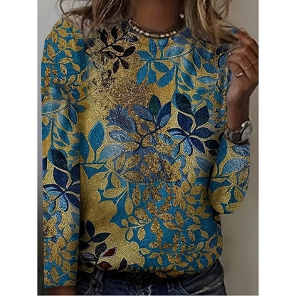 Women's Botanical Print Long-Sleeve Top | Floral Nature Print Casual Everyday Blouses for Women | Smart Casual Going Out Everyday Top