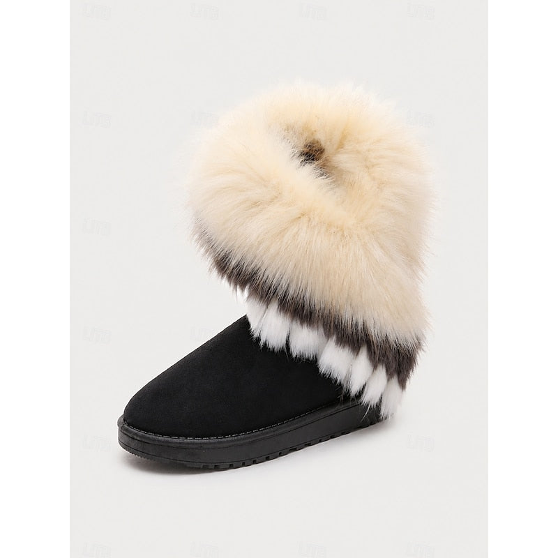 Women's Fur-Trim Suede Mid-Calf Winter Boots | Fluffy Warm Flat Casual Snow Boots | Casual Everyday Autumn Winter Boots