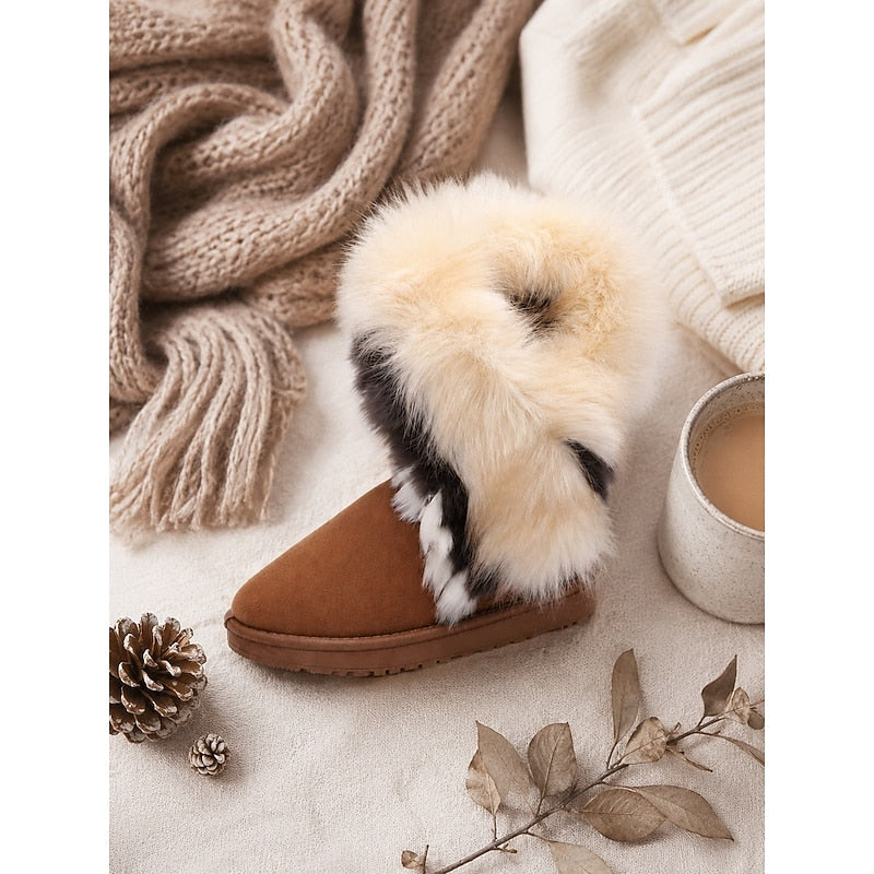Women's Fur-Trim Suede Mid-Calf Winter Boots | Fluffy Warm Flat Casual Snow Boots | Casual Everyday Autumn Winter Boots