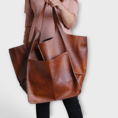 Damen-Shopper aus Leder in Übergröße für Wochenendreisen | Große dunkelbraune lässige Alltagstasche für Reisen | Lässige Schultertasche für Reisen und Urlaub