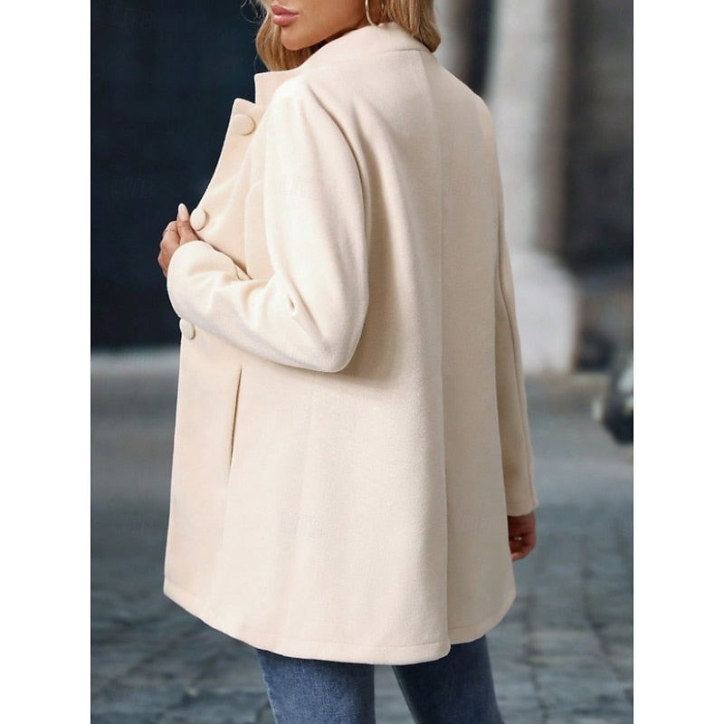 Women's Elegant Stand-Collar Button Coat | Ivory Fitted Wool-Feel Classic Smart Winter Coat | Smart Casual Office Formal Autumn Winter Outerwear