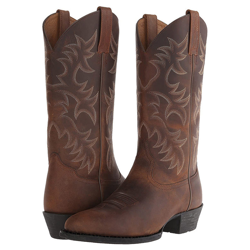 Women's Leather Embroidered Western Cowboy Boots | Classic Black Pointed Toe Casual Western Boots | Casual Everyday Streetwear Boots