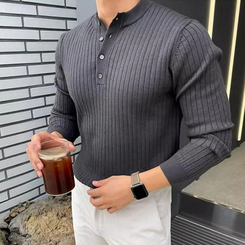 Men's Ribbed Henley Knit Sweater | Casual Everyday Cosy Comfortable Pullover | Smart Casual Everyday Autumn Winter Knitwear