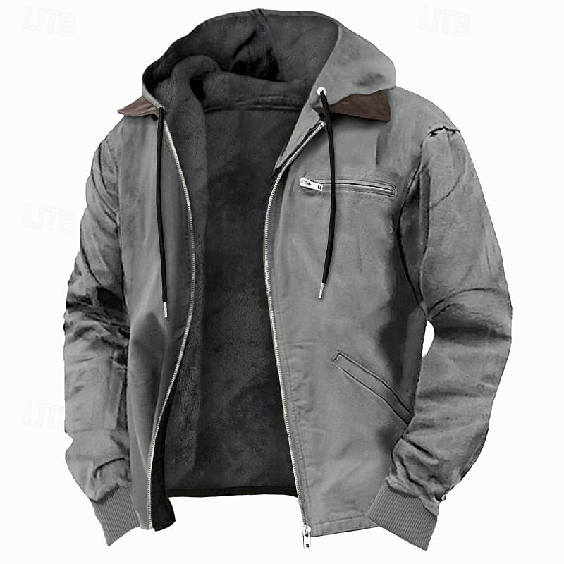 Men's Fleece-Lined Hooded Canvas Zip-Up Jacket | Warm Khaki Casual Everyday Winter Jacket | Smart Casual Everyday Autumn Winter Outerwear