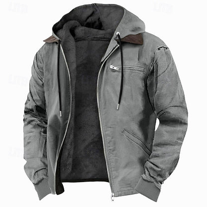 Men's Fleece-Lined Hooded Canvas Zip-Up Jacket | Warm Khaki Casual Everyday Winter Jacket | Smart Casual Everyday Autumn Winter Outerwear