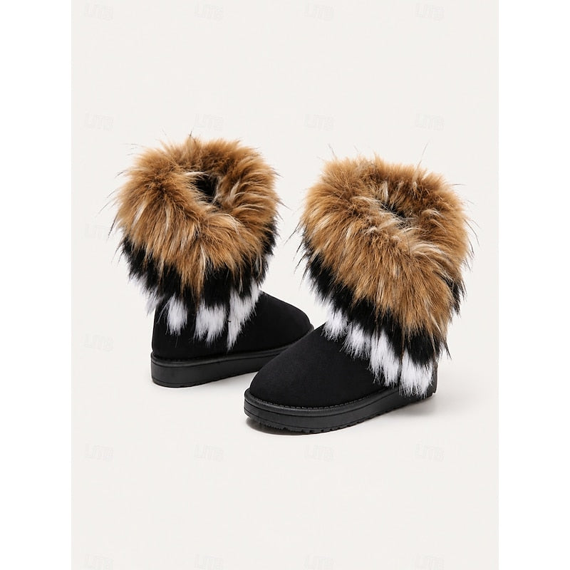 Women's Fur-Trim Suede Mid-Calf Winter Boots | Fluffy Warm Flat Casual Snow Boots | Casual Everyday Autumn Winter Boots