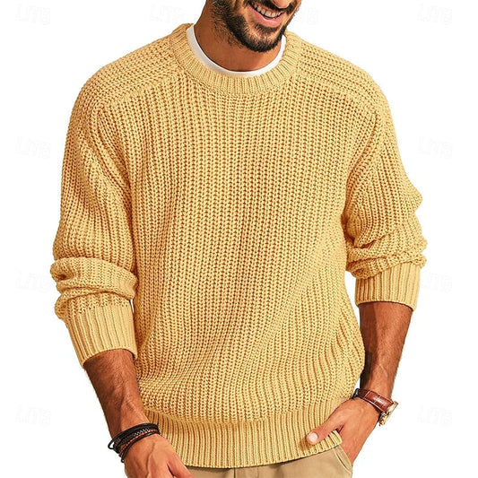 Men's Ribbed Round-Neck Knit Sweater | Classic Soft Cosy Casual Everyday Jumper | Smart Casual Everyday Autumn Winter Knitwear