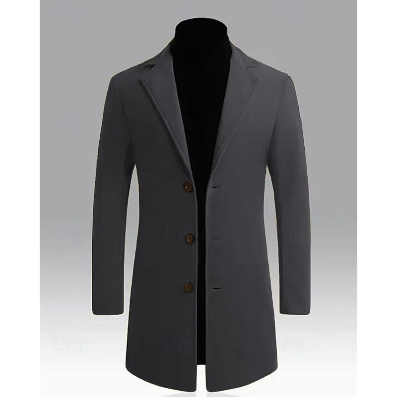 Men's Single-Breasted Notch Lapel Longline Overcoat | Charcoal Classic Tailored Smart Winter Coat | Smart Formal Office Autumn Winter Outerwear
