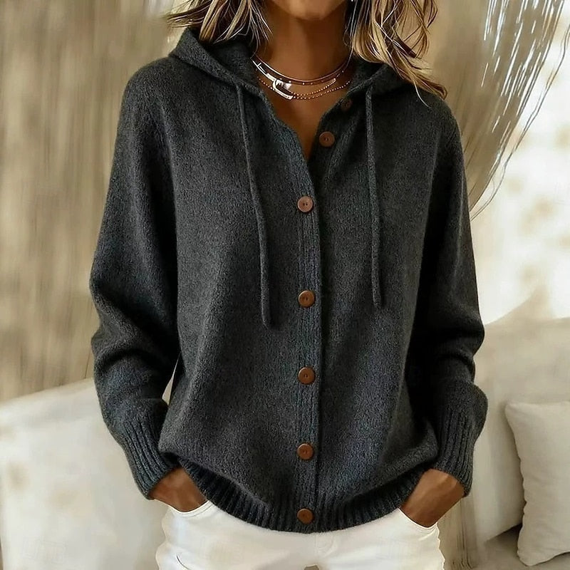 Women's Hooded Button-Down Knit Cardigan | Cosy Casual Everyday Hooded Cardigan | Smart Casual Everyday Autumn Winter Knitwear