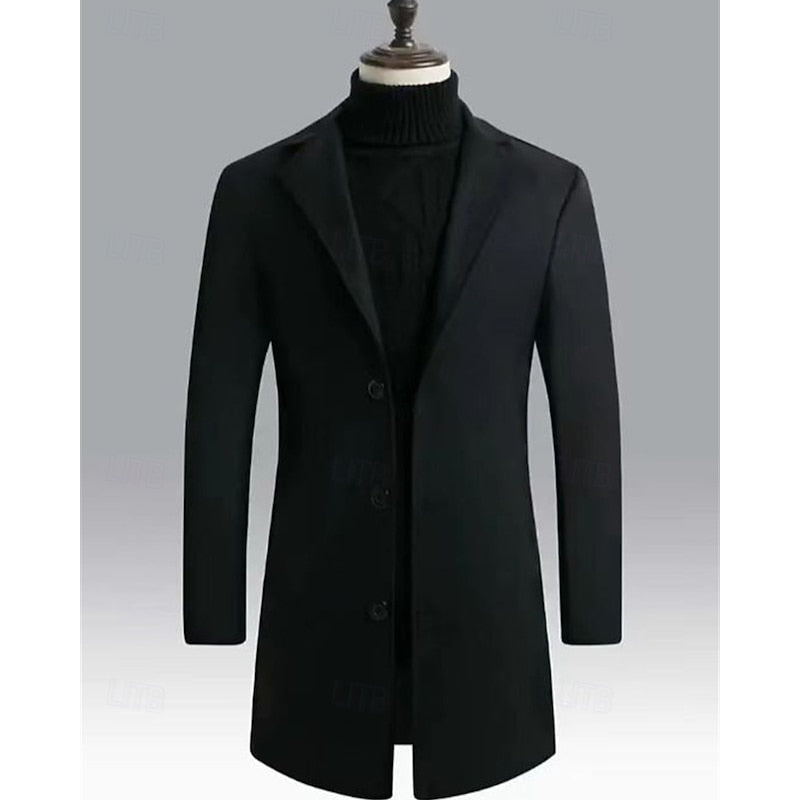 Men's Single-Breasted Notch Lapel Longline Overcoat | Charcoal Classic Tailored Smart Winter Coat | Smart Formal Office Autumn Winter Outerwear