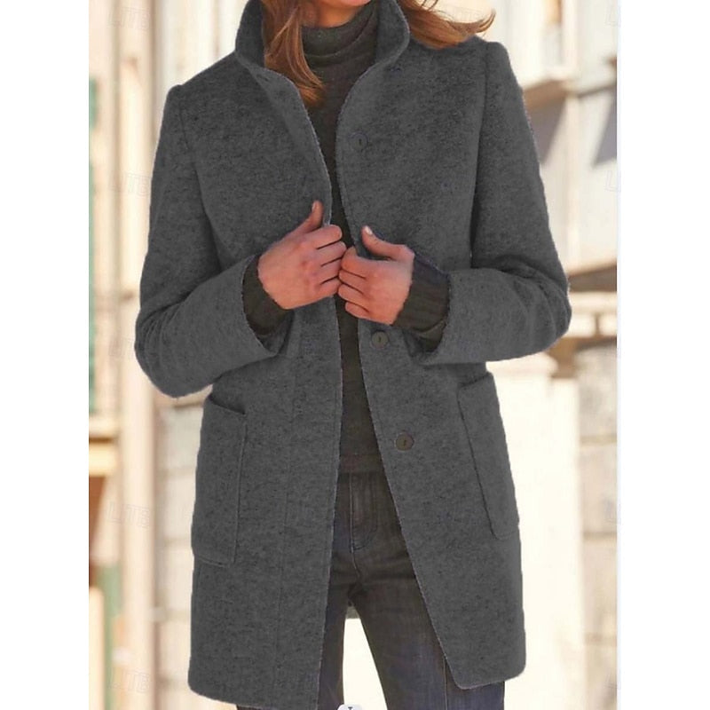 Women's Stand-Collar Single-Breasted Coat | Cobalt Blue Wool-Feel Classic Smart Winter Coat | Smart Casual Everyday Autumn Winter Outerwear