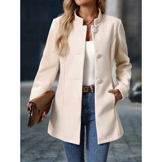 Women's Elegant Stand-Collar Button Coat | Ivory Fitted Wool-Feel Classic Smart Winter Coat | Smart Casual Office Formal Autumn Winter Outerwear