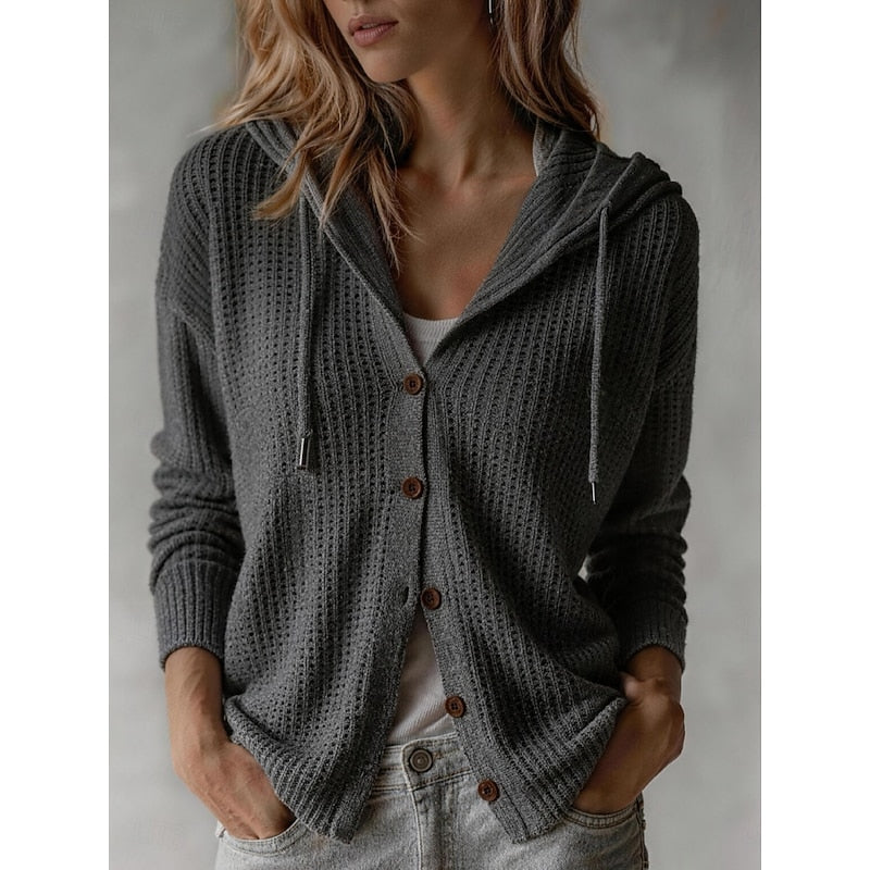 Women's Hooded Button-Front Knit Cardigan | Cosy Casual Everyday Hooded Cardigan | Smart Casual Everyday Autumn Winter Knitwear