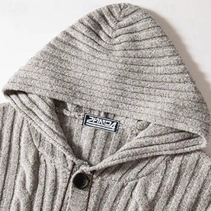 Men's Cable-Knit Hooded Button Cardigan | Classic Cosy Casual Everyday Hooded Cardigan | Smart Casual Everyday Autumn Winter Knitwear