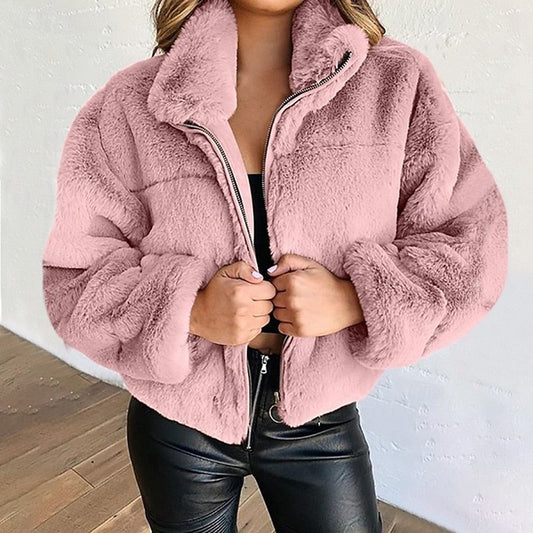 Women's Plush Cropped Zip-Up Teddy Jacket | Fluffy Warm Pink Casual Winter Jacket | Smart Casual Streetwear Everyday Outerwear