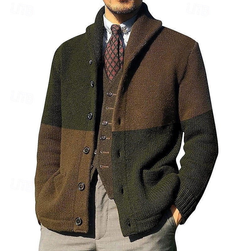 Men's Colour-Block Shawl-Collar Knit Cardigan | Classic Contrast Cosy Casual Everyday Cardigan | Smart Casual Everyday Autumn Winter Knitwear