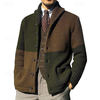 Men's Colour-Block Shawl-Collar Knit Cardigan | Classic Contrast Cosy Casual Everyday Cardigan | Smart Casual Everyday Autumn Winter Knitwear