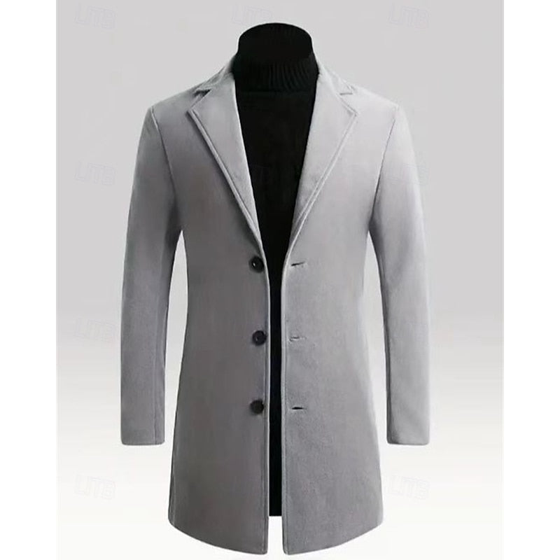 Men's Single-Breasted Notch Lapel Longline Overcoat | Charcoal Classic Tailored Smart Winter Coat | Smart Formal Office Autumn Winter Outerwear