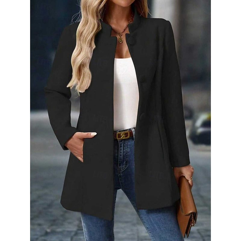 Women's Elegant Stand-Collar Button Coat | Ivory Fitted Wool-Feel Classic Smart Winter Coat | Smart Casual Office Formal Autumn Winter Outerwear