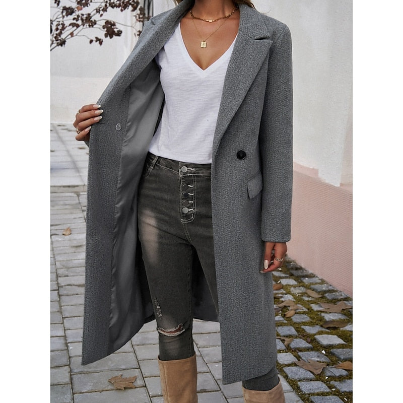 Women's Longline Tailored Notch-Lapel Coat | Classic Grey Smart Casual Winter Coat | Smart Casual Formal Everyday Autumn Winter Outerwear