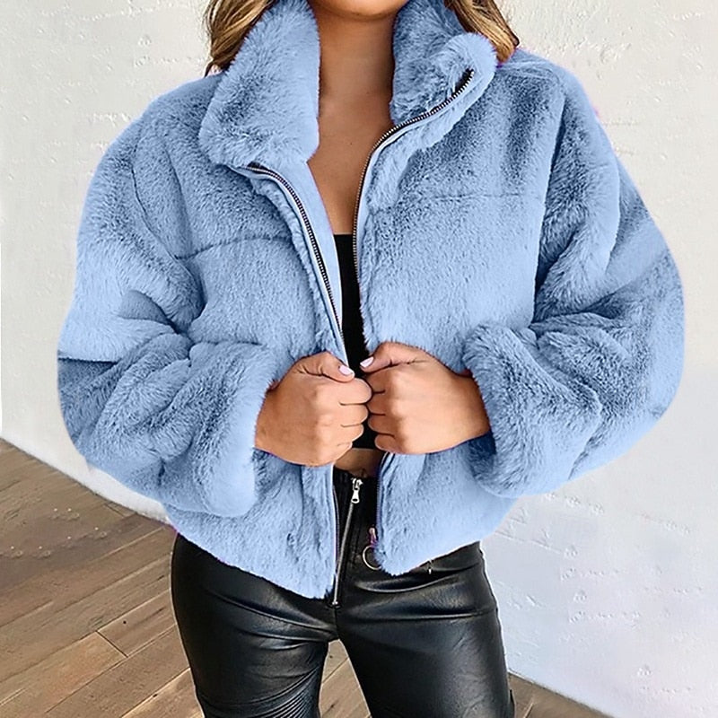 Women's Plush Cropped Zip-Up Teddy Jacket | Fluffy Warm Pink Casual Winter Jacket | Smart Casual Streetwear Everyday Outerwear
