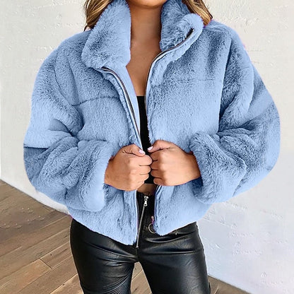 Women's Plush Cropped Zip-Up Teddy Jacket | Fluffy Warm Pink Casual Winter Jacket | Smart Casual Streetwear Everyday Outerwear