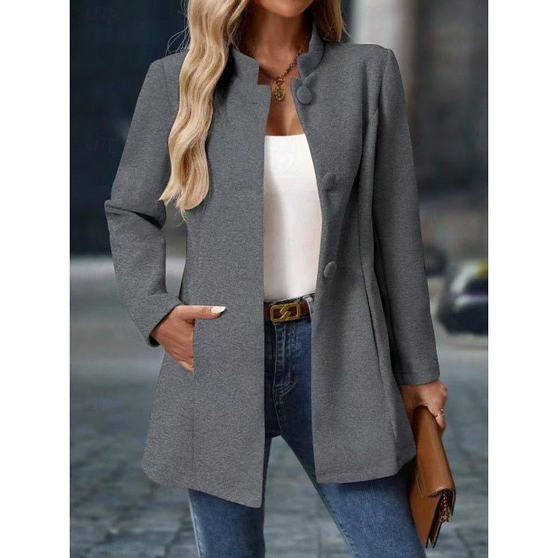 Women's Elegant Stand-Collar Button Coat | Ivory Fitted Wool-Feel Classic Smart Winter Coat | Smart Casual Office Formal Autumn Winter Outerwear
